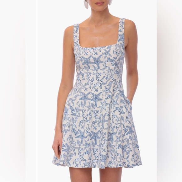 Avec Les Filles Blue White Print Fit & Flare Dress Square Neck Size 14 NWT - Picture 6 of 9